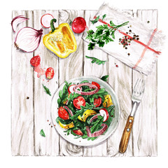 Wall Mural - Fresh Salad. Watercolor Illustrations.