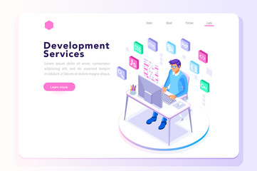device with character concept. program developer creating website writing software at computer deskt