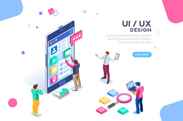 Vr, virtual augmented reality and futuristic banking concept with characters. Gadget of the future, smartphone tech for payment. Flat Isometric character vector illustration.