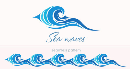 Marine seamless pattern with stylized waves on a light backgroun
