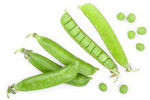 Fresh Green Pea Pod Isolated On White Background. Top View. Flat Lay