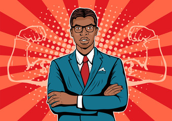 Afro american Man with muscles currency dollar pop art retro style. Strong Businessman in glasses in comic style. Success concept vector illustration.