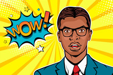 Wow Pop Art Male Face. Young Afro American Surprised Man In Glasses With Open Mouth And Wow Speech Bubble. Vector Colorful Illustration In Retro Comic Style.