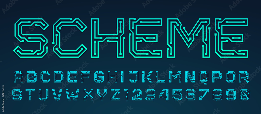 Vector printed circuit board style font. Blue latin letters from A to Z and numbers from 0 to 9 made of electric current wires and connectors. Futuristic design concept. - obrazy, fototapety, plakaty 