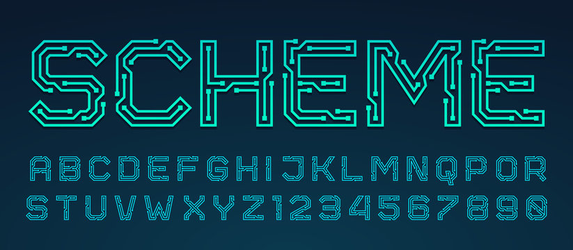 vector printed circuit board style font. blue latin letters from a to z and numbers from 0 to 9 made