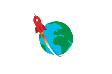 Wall Mural - Creative Red Rocket Planet Earth Logo Design Illustration