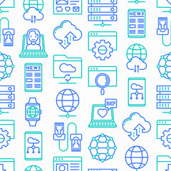 Wall Mural - information technology seamless pattern with thin line icons: social network, system backup, search,