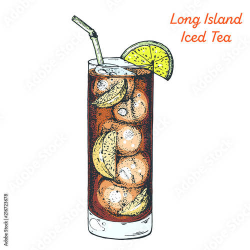 Long Island Iced Tea cocktail illustration. Alcoholic cocktails hand