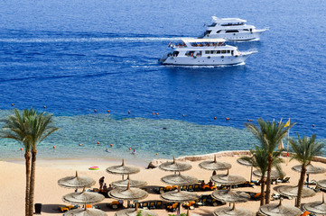 Top view of a sandy beach with sunbeds and sun umbrellas and two large white ships, a boat, a cruise liner floating in the sea on vacation in a tropical warm exotic country, a seaside resort.