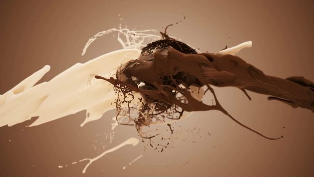 Wall Mural - Milk and chocolate splash in slow motion. 3D animation of white and brown liquid cream drops splash isolated on brown. Alpha matte included for compositing. 4K bright white and dark design element