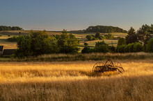 Antique Hay Rake In A Farmers Field At Sunset.