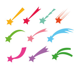 Shooting stars icons. Vector falling star silhouettes or comets isolated on white background. Color star with tail illustration