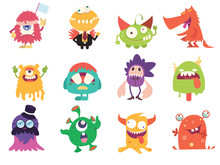 Cartoon Monsters Collection. Vector Set Of Cartoon Monsters . Design For Print, Party Decoration