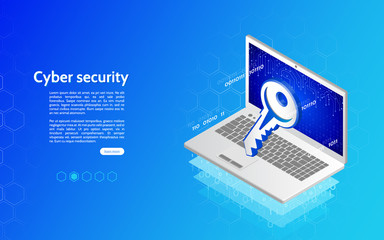 Poster - 3D Cyber security technology mechanism concept. Abstract isometric personal data protection. Header for website with laptop and protection key.
