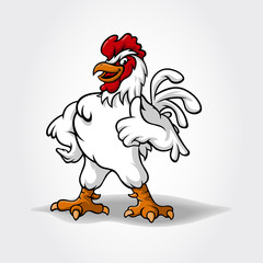 Wall Mural - Chicken vector cartoon character smiling and giving thumb up. Funny Cartoon Super Rooster mascot illustration.