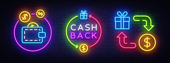 Wall Mural - Cash Back Neon Symbols Collection Vector. Cash Back neon sign, design template, modern trend design, casino neon sign board, night bright advertising, light banner, light art. Vector illustration
