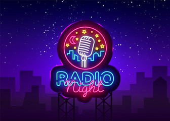 Wall Mural - Radio Night Neon Logo Vector. Radio Night neon sign, design template, modern trend design, Radio neon signboard, night bright advertising, light banner, light art. Vector illustration. Billboard