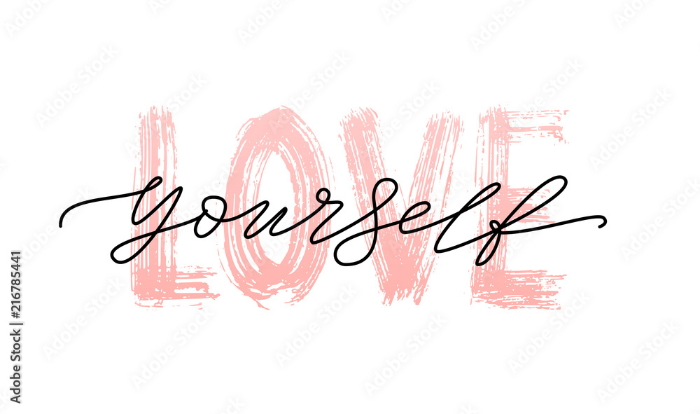 Love yourself quote. Single word. Self care. Modern calligraphy text print take care of yourself. Vector illustration black and white. ego - obrazy, fototapety, plakaty 