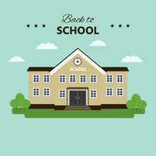 School Building With Text "Back To School" In The Foreground. Flat Style Vector Illustration Isolated.