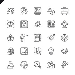 Thin line startup project and development elements icons set for website and mobile site and apps. Outline icons design. 48x48 Pixel Perfect. Linear pictogram pack. Vector illustration.