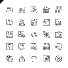 Thin line logistics, delivery, transportation icons set for website and mobile site and apps. Outline icons design. 48x48 Pixel Perfect. Linear pictogram pack. Vector illustration.