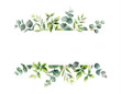 Watercolor vector hand painting horizontal banner with green leaves and branches.