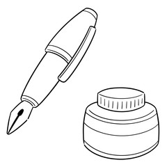 Sticker - vector set of fountain pen and ink bottle