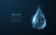 Drop. Low poly wireframe water drop on dark blue with dots and stars.