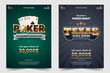 Casino poker tournament a4 flyer. Gold text with playing chips and cards. Texas hold'em championship. Poker party invitation template. Vector illustration.