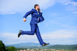 © be free - Never stop. Businessman formal suit jump while call smartphone sky background. Entrepreneur in motion success expression. Keep going towards your goal. Businessman solving business problems on phone