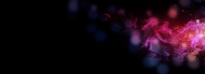 Dark abstract bokeh background, magic smoke and sparks, neon