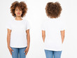 © ladyalex - Shirts set. Summer t shirt design and close up of young afro american woman in blank template white t-shirt. Mock up. Copy space. Curly hair. front and back view.