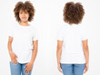 © ladyalex - Shirts set. Summer t shirt design and close up of young afro american woman in blank template white t-shirt. Mock up. Copy space. Curly hair. front and back view.