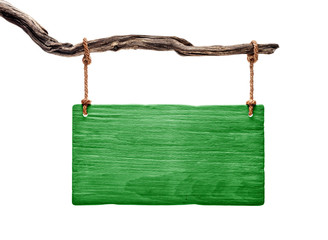 green wood signboard hanging on a branch