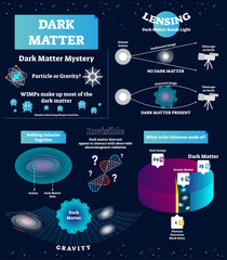 Wall Mural - dark matter vector illustration. educational labeled scheme with mystery, wimp, particle and gravity
