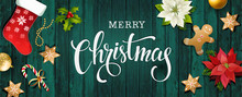 Christmas Sale Design Composition Of Poinsettia, Fir Branches, Cones, Gingerbread, Candy Cane, Holly And Other Plants. Cover, Invitation, Banner, Greeting Card.