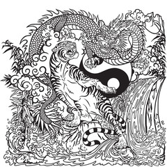 Chinese dragon versus tiger in the landscape with waterfall , rocks ,plants and clouds . Two spiritual creatures in the Buddhism. Black and white vector illustration included Yin Yang symbol