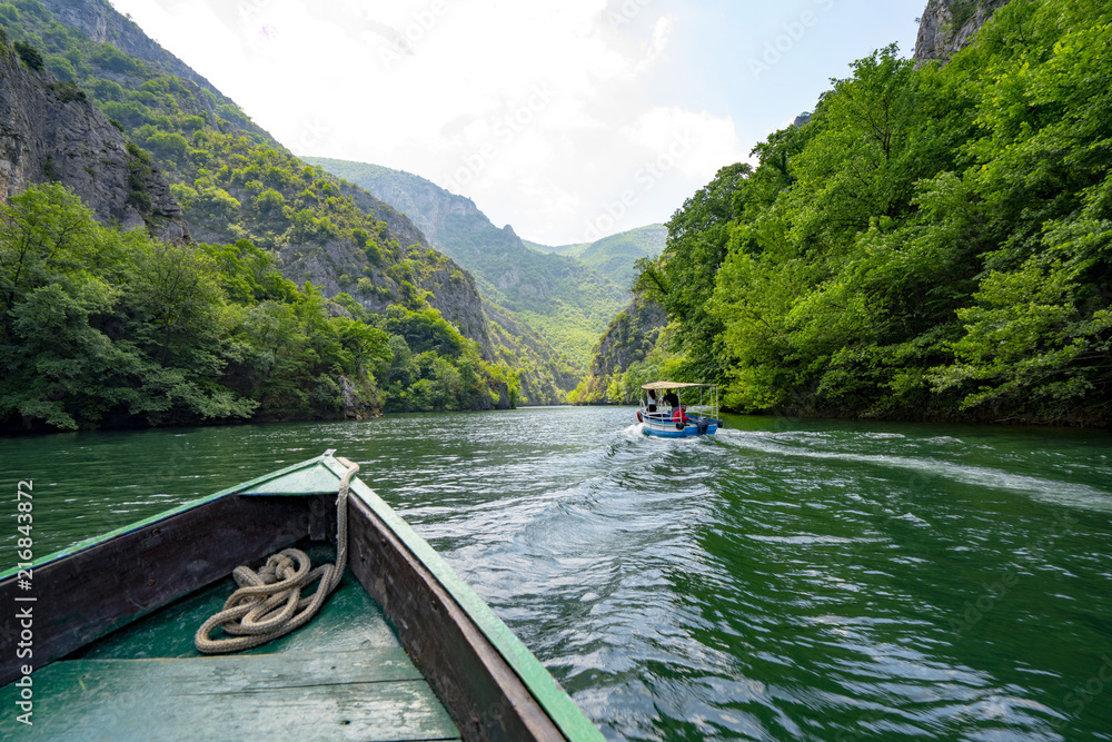 Macedonia Canyon Matka Boat Ride in the valley in Summer - obrazy, fototapety, plakaty 