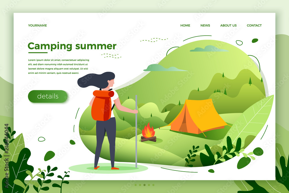 Vector illustration -  tourist girl looking on camping place with bonfire. Forests, trees and hills on green background. Banner, site, poster template with place for your text.