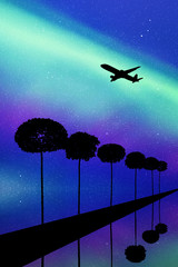 Sticker - Landscape with trees and flying aircraft at night. Vector illustration with isolated silhouettes of maples reflected in water. Northern lights in starry sky. Colorful aurora borealis