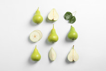 Ripe Juicy Pears On White Background, Top View
