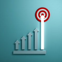 Poster - Growing up light arrow graph aiming to goal target or red dart board the business concept on green pastel color wall background with shadow 3D rendering