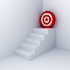 Poster - Goal target the business concept white stairs aim to red dart board in the corner on white wall background with shadow 3D rendering