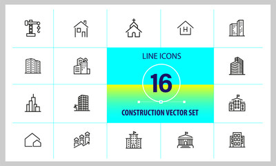 Sticker - Construction icons. Set of  line icons. Church, garage, hospital. Urban environment concept. Vector illustration can be used for topics like city, architecture, infrastructure