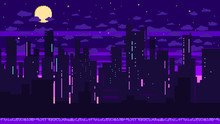 Pixel Art Game Background With Road, Ground, Sunset, Landscape, Sky, Clouds, Silhouette City, Stars And Moon. Background With Gradient.