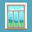 Illustration with wooden window in realistic style and the rustic landscape outside the window. Vector background.
