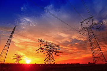 Pylon, high-voltage tower sky background.