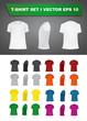 T-shirt template set of different colors, blank shirts front, side, rear views, different angles, vector eps10 illustration