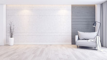 Modern And Minimalist Interior Of Living Room Interior,gray Armchair  On Wood Floor And Concrete Wall,3d Render