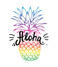 Pineapple Colorful Sketch Isolated On White Background. Aloha Hand Lettering, Hawaiian Language Greeting Typography. Vector Illustration For Wallpaper, Textile, Fashion Banners, Cards, Posters.